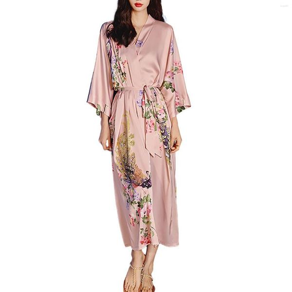 Ropa de dormir para mujeres pijama satén Siete mangas de manga fresca de la túnica estampada floral bañera de baño con túnicas de kimono calientes para mujeres