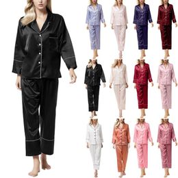 Mulheres sleepwear cetim pijamas senhoras mulheres seda manga longa nightwear conjunto calças top botão blusa pant nightgowns