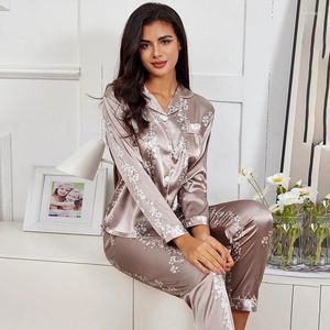 Dames nachtkleding Satijnzijden pyjamasets Bloemenprint Top met lange mouwen en broek Tweedelige set Pijamas voor dames Homewear