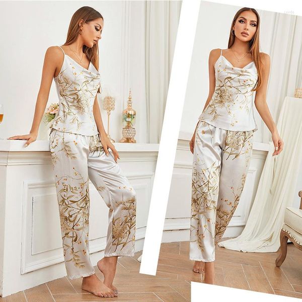 Ropa de dormir para mujer, pantalones con tiras de satén, conjunto de pijama de dos piezas para mujer, ropa Sexy para el hogar, ropa de dormir con estampado de flores de verano, ropa íntima con cuello en V