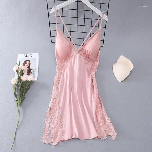 Vêtements de nuit pour femmes Sexy dos nu chemise de nuit femmes jarretelles chemise de nuit d'été dentelle robe de matin vêtements de détente robe de maison en satin soyeux