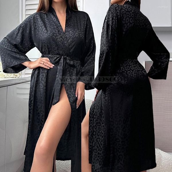 Vêtements de nuit pour femmes Sexy noir léopard Kimono peignoir robe longue chemise de nuit printemps été femme maison Dressing lâche Satin salon porter