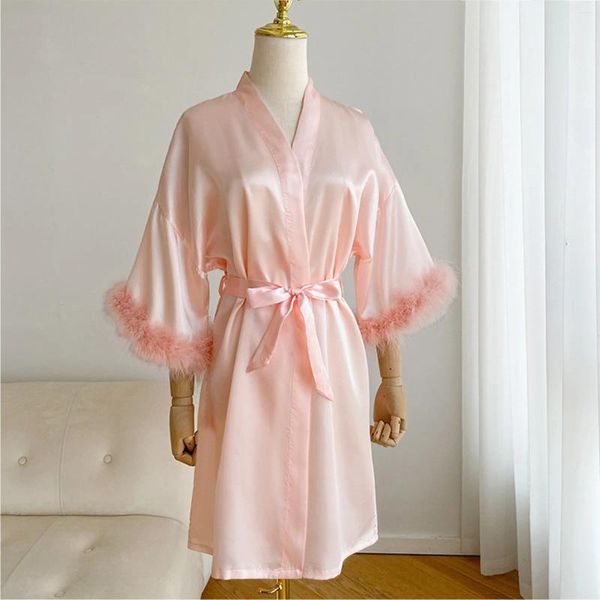 Vêtements de nuit pour femmes, kimono sexy, robe de matin de mariée, pyjama en plumes de soie, manches longues, saisons extérieures, verre à vin