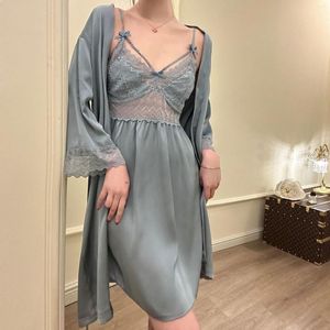 Vrouwen Nachtkleding Sexy Kant Boog Applique Satijnen Gewaad Nachthemd 2 Stuks Bruid Birdesmaid Homewear Kimono Badjas Nachtjapon