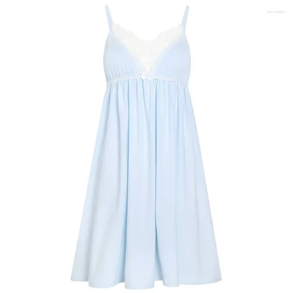 Ropa de dormir para mujer Vestido de noche de algodón de encaje sexy Mujeres sin mangas Hada Azul V Cuello Princesa Ropa de dormir Bordado Vintage Mini camisones