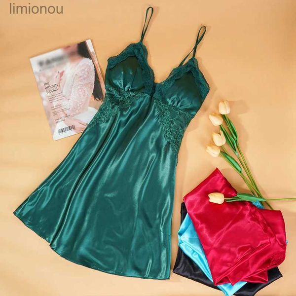 Ropa de dormir para mujer Vestido de noche de encaje sexy Mujeres Cuello en V profundo Camisón de satén sedoso Camisones con tirantes de encaje Ropa interior femenina Tallas grandes Sleepdress HomewearC24319