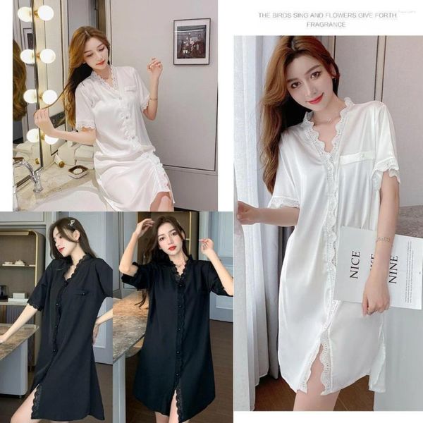 Vêtements de nuit pour femmes Sexy dentelle couture satin soyeux Romance peignoir vêtements de nuit loisirs demi manches translucide chemise de nuit française