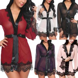 Dames slaapkleding sexy lingerie dames kanten zie, door de diepe raad diep v-hals dames pyjama mesh nachtdress erotisch 2022