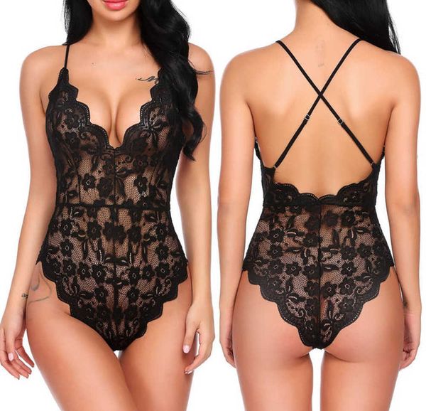 Vêtements de nuit pour femmes Lingerie sexy vêtements de nuit une pièce nuisette chemise de nuit évider col en V profond tenues en dentelle robes de nuit string vêtements de nuit