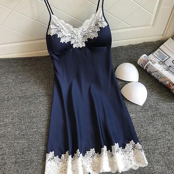 Ropa de dormir para mujer Lencería sexy Vestido de noche de seda de verano Mini vestido de retazos de encaje Correa de espagueti Señoras SIN almohadilla en el pecho