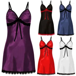 Lingerie sexy de lingerie pour femmes en dentelle de nuit en satin de soie robe de nuit sans manches V-Neck Nightgown plus taille 3xl