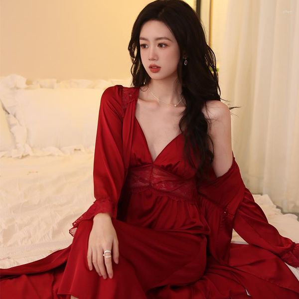 Vêtements de nuit pour femmes Lingerie Sexy Année Rouge Satin Kimono Femmes Robe Et Robe Ensembles Faux Soie Peignoir Deux Pièces Ensemble Chemise De Nuit