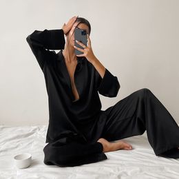 Slaapkleding voor dames sexy low gesneden mode pyjama's ingesteld voor vrouwen losse casual broek met lange mouwen pakken solide satijnen zijden vrouwelijk huis gemonteerde tops 2-pce 230310