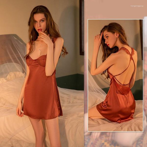 Vêtements de nuit pour femmes Sexy Mini Spaghetti Strap Chemise de nuit Femmes Dentelle Sweet Home Robe Satin Pyjamas Tentation Chemise de nuit dos nu Intime