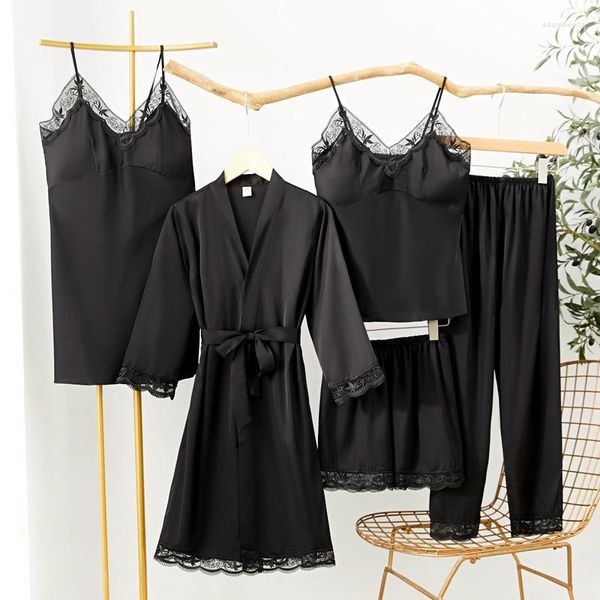 Ropa de dormir para mujeres pijama sexy set de cinco piezas satadia suave satén kimono bata de baño bañera de bañera de cabecera de cabello adornado de boda