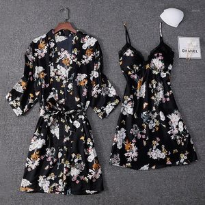 Dames Nachtkleding Sexy Print Bloem Kimono Badjas Toga Vrouwelijke 2 Stks Robe Set Satijn Intiem Lingerie Kant Zomer Losse Nachtkleding