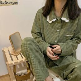 Dames slaapkleding sexy pyjama's groene plaid casual pyjama sets vrouwen single breasted ins Japan turndown kraag nachtklaar voorjaar herfst elastische taille huiskleding