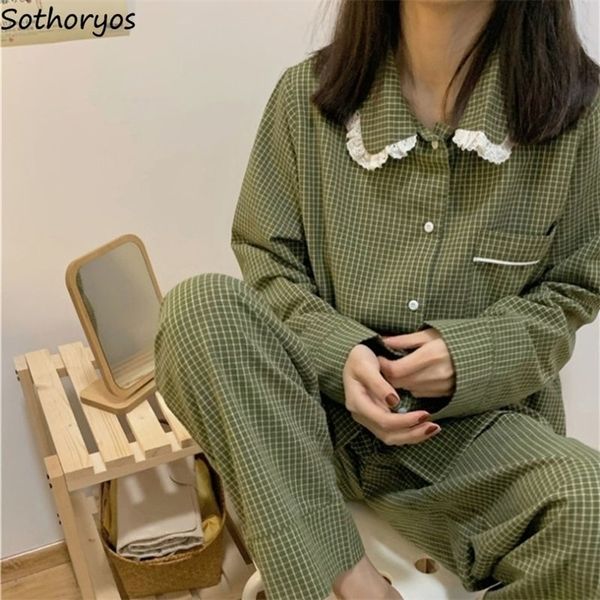 Vêtements de nuit pour femmes Sexy Pyjamas Vert Plaid Casual Pyjama Ensembles Femmes Simple Poitrine Ins Japon Col Rabattu Vêtements De Nuit Printemps Automne Taille Élastique Homewear