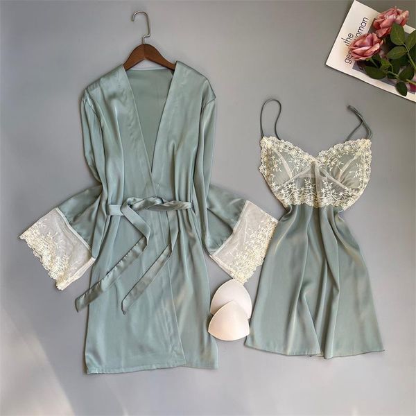 Indumenti da notte da donna Set di vestaglia e abito sexy da donna Kimono in rayon Accappatoio in pizzo Abiti casual per la casa Indumenti da notte in raso verde