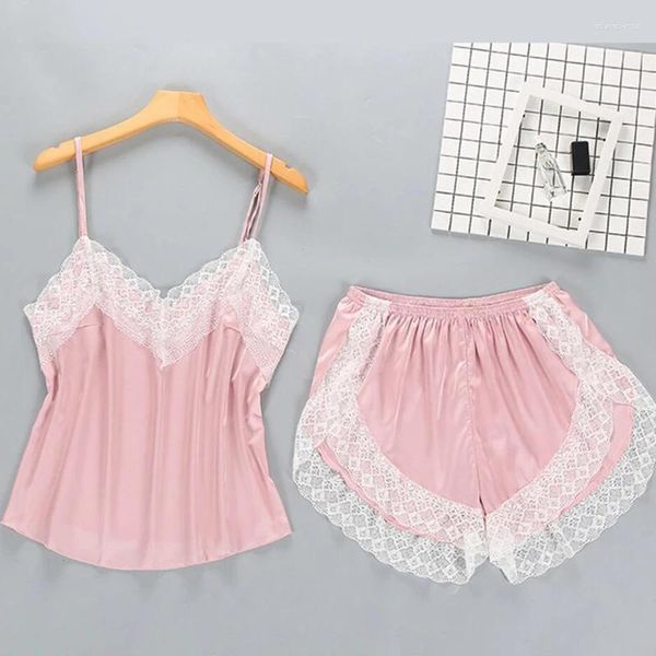 Vêtements de sommeil pour femmes sexy pyjama en satin de lacet blanc en v-à col pyjamas sans manches mignonnes mignonnes camis et shorts