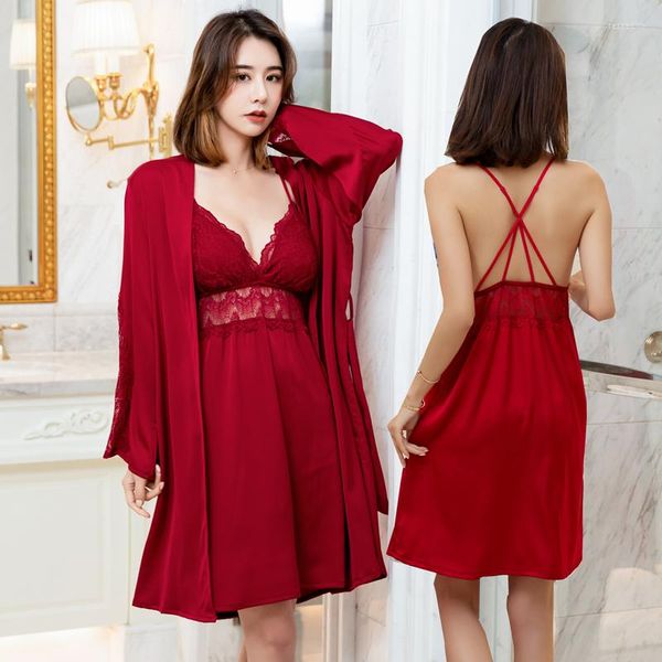 Vêtements de nuit pour femmes Sexy Robe en soie ensemble printemps été Satin dentelle chemises de nuit peignoir femmes pyjamas bain rayonne femmes Robe