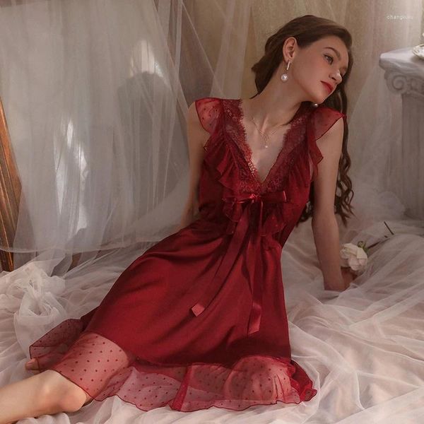 Vêtements de nuit pour femmes, robe de nuit sexy, dentelle transparente, décolleté en V profond, pyjama creux en satin, vêtements de maison décontractés, chemise de nuit, lingerie