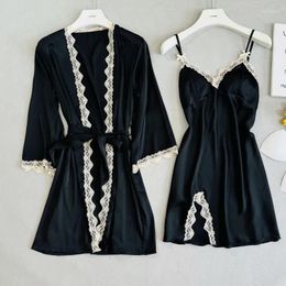 Vrouwen Nachtkleding Sexy Spaghetti Lounge Kimono Badjas 2024 Lente Gewaad Set Lace Trim Nachthemd Vrouwen Homewear Rayon