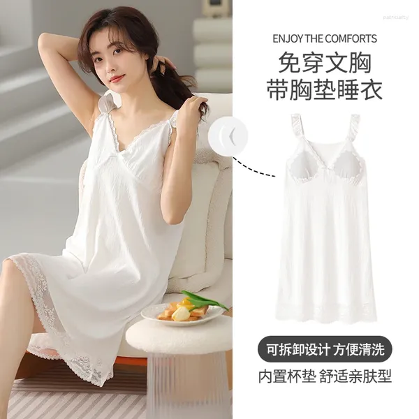 Vêtements de somme pour femmes Sexy Summer Tricot Cotton Nightgown Femme Slinge Nightshirt avec poitrine Solid M-4XL Nightdress