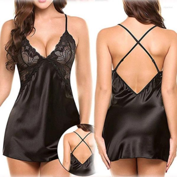 Ropa de dormir para mujer Ropa interior sexy Sujetador hueco de encaje Conjunto de camisón con cuello en V de seda de imitación femenina Conjunto de camisón encantador para mujer Cómodo y transpirable Ropa para el hogar