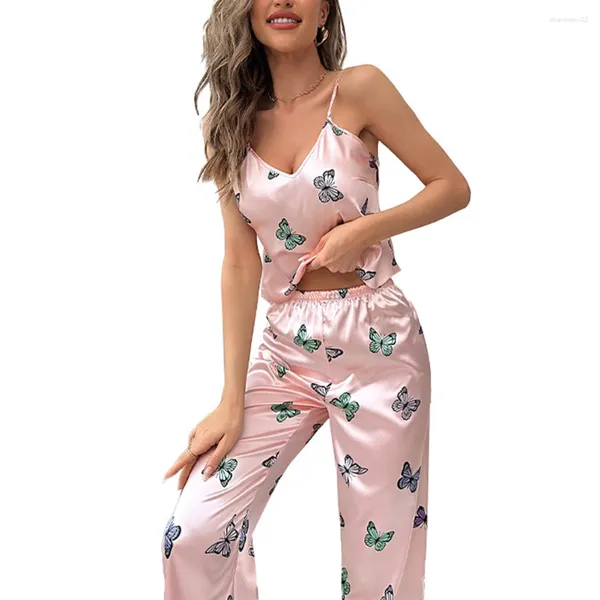 Vêtements de sommeil pour femmes sexy femmes silky pyjamas set rose couleurs papillon sous-vêtements lâches lisses maison porte 2 pcs lingerie légère