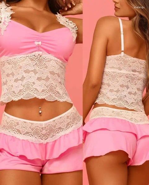 Vêtements de nuit pour femmes Sexy Femmes Deux Pièces Ensembles Outfit Dentelle Patch Bowknot Décor Sommeil Cami Ensemble Maison Mode 2023 Été Casual Femme Costume