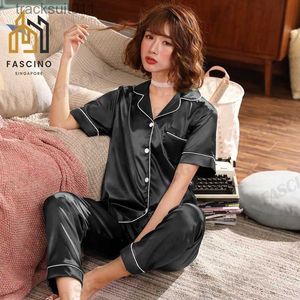 Vêtements de nuit pour femmes SGSilk Satin Femmes Vêtements de nuit Pyjamas Loungewear Set Col cranté à manches courtes avec un pantalon court long L230918