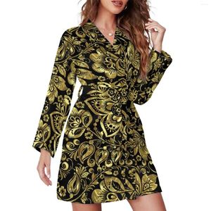 Vêtements de nuit pour femmes Brillant Or Baroque Pyjama Robe Femme Noir Floral Damas Chambre Peignoir À Manches Longues Col En V Imprimé Pyjamas Robes Jour Mignon