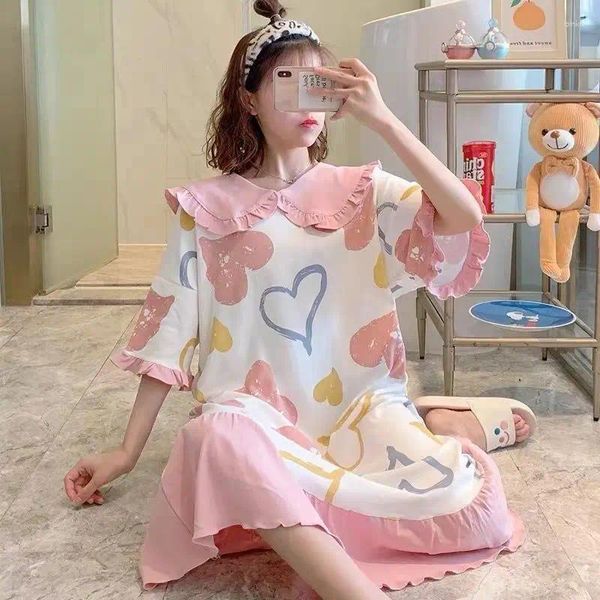 Ropa de dormir para mujer Camisón de manga corta Primavera Otoño Pijamas de maternidad lindos Estampado de Corea Ropa de hogar de longitud media Vestido de verano Pijamas