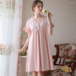 Vêtements de nuit pour femmes à manches courtes robe de nuit princesse filles été col en V mignon vêtements de nuit femme rétro doux lâche coton rose FG546