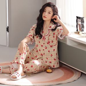 Vêtements de nuit pour femmes Hauts à manches courtes Pantalons longs Pyjamas Ensembles Été Coton Femmes Doux Fraise Imprimé Pyjamas Vêtements De Nuit Loungewear Femme Vêtements 230328