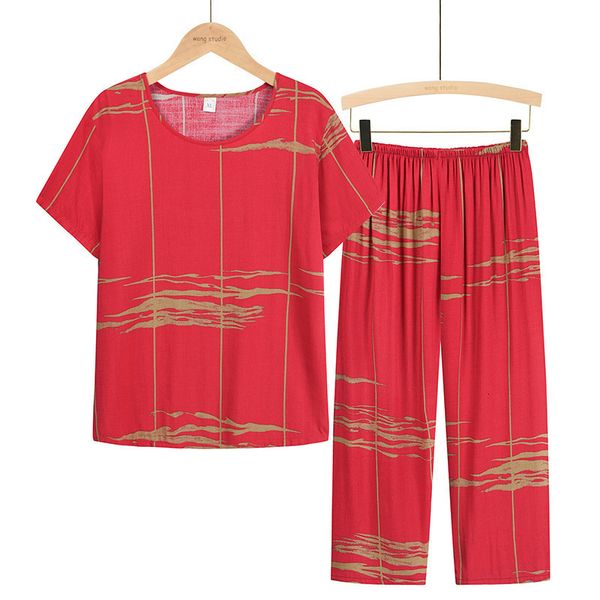 Vêtements de nuit pour femmes soie coton maison chemises pour dames haute qualité mode pyjama style costume décontracté deux pièces ensemble femmes grande taille 4XL rouge vert 230515