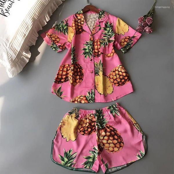 Pijama de seda para mujer, conjunto de 2 piezas, Pijama informal de satén con bolsillo en el pecho, pantalones cortos de manga corta con piña rosa, ropa de casa