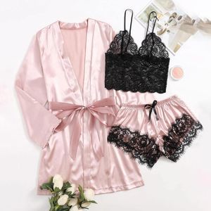 Vrouwen Nachtkleding Zijden Pamas Set Vrouwen Satijn Korte Gewaden Lingerie Sets Sexy Kimono Badjassen Loungewear Thuis Pak Dame Kamerjas