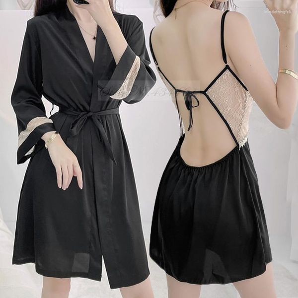 Vêtements de nuit pour femmes soie Satin Sexy Patchwork dentelle dos nu chemise de nuit été femme Twinset Robe ensemble Kimono peignoir Robe Lingerie