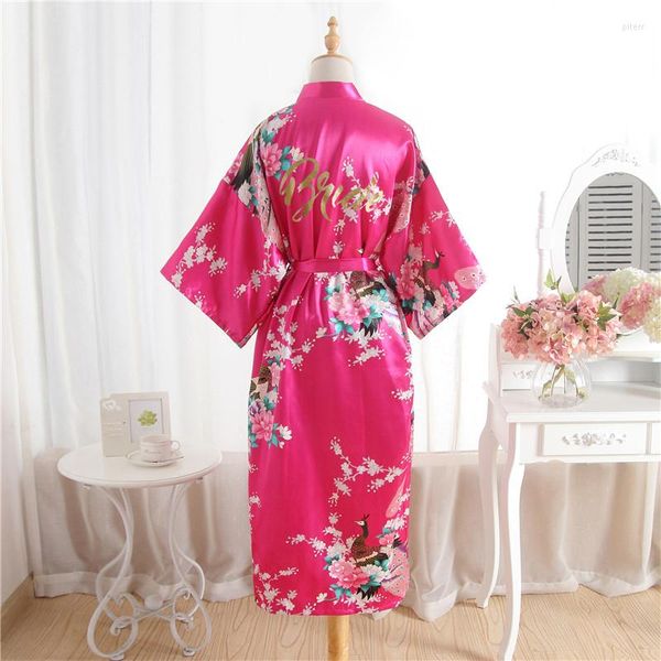 Vêtements de nuit pour femmes soie Satin mariage mariée Robe de demoiselle d'honneur solide peignoir Long Kimono nuit bain Rose Robe de chambre pour les femmes