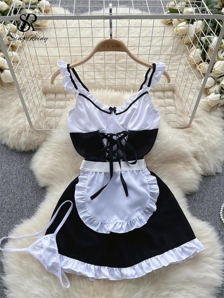 Ropa de dormir para mujer SINGREINY Bow Maid Cosplay Pijamas eróticos Set Mujeres Camis Vendaje A-Line Slim Nightwear Femenino Dulce Sensual Noche corta