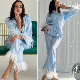 Dames slaapkleding hemelsblauwe pyjama's giet femme nachthemd met veer button-down satijnen huiskleding lange mouw nachtkleding loungewear