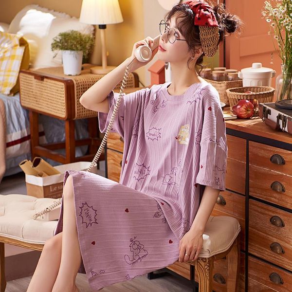 Ropa de dormir para mujer, vestido de dormir morado, dulce ropa para el hogar, bonito vestido de noche de algodón por encima de la rodilla, Tops para mujer con cuello redondo, ropa para el hogar