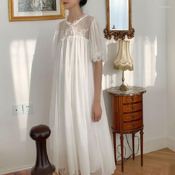 Ropa de dormir para mujer, camisones de Modal de gasa suave para mujer, vestido de noche de princesa Vintage largo elegante de encaje blanco para mujer