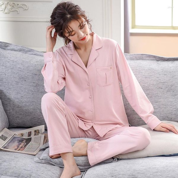 Ropa de dormir para mujer, conjunto de pijama de algodón completo de Color sólido para otoño e invierno, pijama informal de manga larga con solapa para mujer, ropa para el hogar