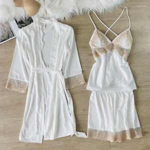 Ropa de dormir para mujer Color sólido Conjunto de pijama sexy Camisón Bata Mujer Seda de hielo Ropa de casa Vestido de noche Cuello en V Borde de encaje Ropa de dormir Ropa para el hogar