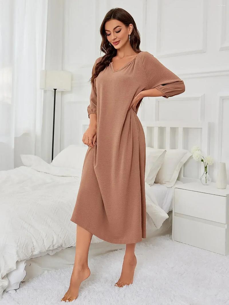 Women's Sleepwear Solid Color Women Nightgown Cut Out V Neck Pleated Half Sleeves Fall Nightwear Female Homwear Clothing Pajama Dress