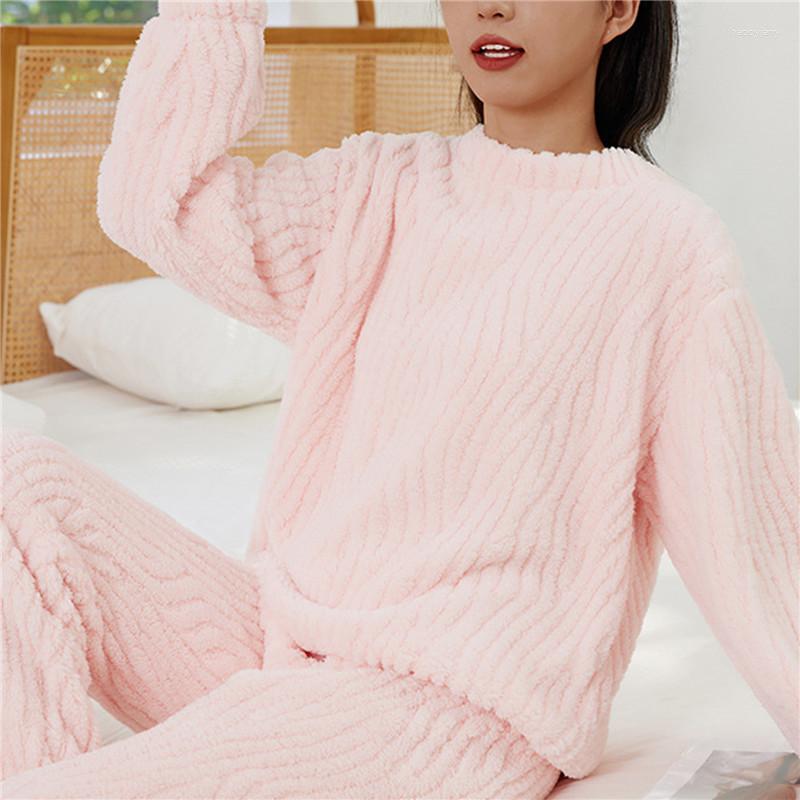 Kvinnors sömnkläder fast färg Kvinnor Pyjama Set Winter Pink Fleece Velvet 2 Piece Pant Home Suit Fluffy Korean Cute Warm Sleep Night Wear