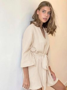 Vêtements de nuit pour femmes Peignoir en coton solide Robes féminines Femmes Sexy Mini Robes Trois quarts manches Robe de chambre Robe de nuit Chemise de nuit Accueil